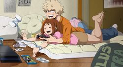  1boy artist_name backpack bag bakugou_katsuki barefoot blonde_hair blush_stickers boku_no_hero_academia brown_hair cellphone closed_eyes commentary controller english_commentary feet_up female game_console holding holding_controller indoors krumbs_(dailykrumbs) lying on_stomach open_mouth orange_shirt pants phone pink_shirt playstation_4 shirt short_sleeves socks spiked_hair teeth toes tongue unworn_bag uraraka_ochako 