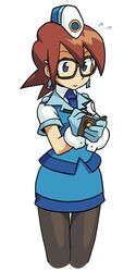  blue_eyes brown_hair closed_mouth commentary_request denise_marmalade_(mega_man) dress earrings female glasses gloves hat jewelry mega_man_(series) mega_man_legends_(series) muu_(mumumer) necktie pantyhose police police_uniform short_hair simple_background skirt solo the_misadventures_of_tron_bonne uniform white_background white_gloves 