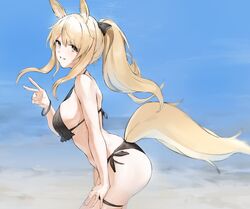  alternate_costume animal_ears arknights bikini black_bikini black_wristband blemishine_(arknights) blonde_hair blue_sky breasts cowboy_shot day female from_side highres horse_ears horse_girl horse_tail large_breasts long_hair looking_at_viewer ocean orange_eyes outdoors ponytail sideboob sky smile solo swimsuit tail thigh_strap unitsu v wristband 