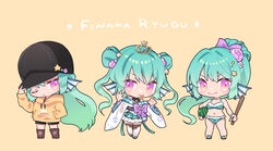  :p aqua_bikini bikini black_headwear black_shorts boots brown_footwear character_name chibi crown female finana_ryugu finana_ryugu_(2nd_costume) fins flower food frilled_sailor_collar frills fruit green_hair hair_flower hair_ornament head_fins highres hood hoodie japanese_clothes kgr kimono long_hair multiple_views nijisanji nijisanji_en one_eye_closed ponytail purple_eyes purple_flower sailor_collar short_kimono shorts simple_background smile star_(symbol) star_hair_ornament swimsuit tongue tongue_out twintails virtual_youtuber watermelon yellow_background yellow_hoodie 