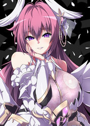  armor armored_dress bare_shoulders bow bowtie bracer breasts cleavage detached_sleeves dorothy_(nikke) dress female frilled_dress frills goddess_of_victory:_nikke grin hair_between_eyes hair_intakes hair_ornament hand_on_own_chin headgear large_breasts light_blush long_hair mechanical_wings pink_hair purple_eyes sankakukin_gear see-through see-through_cleavage sidelocks smile solo upper_body white_dress wings 