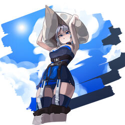  absurdres alchemy_stars armpits arms_up azure_(alchemy_stars) bare_shoulders belt black_belt blue_dress blue_eyes blue_panties blue_thighhighs breasts commentary_request dress female grey_hair highres large_breasts panties parted_lips pencil_dress plabit short_dress short_hair solo standing strapless strapless_dress thighhighs thighs underwear white_headwear 