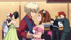  3girls 4boys artist_name bakugou_katsuki black_necktie blonde_hair blush_stickers boku_no_hero_academia brown_hair burn_scar buttons clenched_teeth closed_mouth collared_shirt commentary dancing dress english_commentary green_dress grey_jacket grey_pants hair_ornament hand_grab indoors jacket jirou_kyouka kaminari_denki kirishima_eijirou krumbs_(dailykrumbs) multicolored_hair multiple_boys multiple_girls necktie open_mouth pants parted_lips pink_skirt red_hair red_shirt scar scar_on_face sharp_teeth shirt skirt spiked_hair teeth todoroki_shouto two-tone_hair uraraka_ochako vest yaoyorozu_momo 