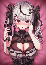  absurdres bandaid bandaid_hair_ornament belt black_belt black_bow black_dress black_hair black_nails bow breasts cellphone cleavage cleavage_cutout clothing_cutout dress drill_hair female frilled_dress frills grey_hair hair_ornament hairbow heart_belt heart_cutout highres holding holding_phone hololive kaiju_ryoku large_breasts looking_at_viewer lying medium_hair multicolored_hair nail_polish official_alternate_costume on_back open_mouth phone red_eyes sakamata_chloe sakamata_chloe_(jirai_kei) sleeveless sleeveless_dress smartphone solo streaked_hair twin_drills virtual_youtuber x_hair_ornament 