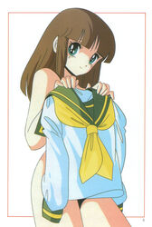  1980s_(style) absurdres aqua_eyes brown_hair cream_lemon escalation female framed_image highres holding holding_clothes holding_shirt komatsuzaki_rie long_hair looking_at_viewer non-web_source official_art photoshop_(medium) retro_artstyle scan shirt smile solo 