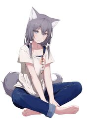  absurdres animal_ears barefoot commentary denim feet female grey_eyes grey_hair highres indian_style jeans long_hair long_tail looking_at_viewer medium_hair mikisai original overalls pants shirt simple_background sitting soles solo suspenders suspenders_under_shirt tail toes white_background wolf_ears wolf_tail 