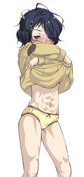  abs ahoge alternate_eye_color aqua_eyes bare_legs blue_hair blush bow bow_panties brown_eyes clothes_pull commentary covered_mouth cowboy_shot dark_blue_hair embarrassed female frilled_panties frills full-face_blush hair_over_one_eye half-closed_eyes heterochromia highres hood hoodie hoodie_pull lace-trimmed_panties lace_trim long_sleeves messy_hair multicolored_clothes multicolored_panties navel no_pants obliques ooto_ai orange_panties panties pulling_own_clothes ribbon_panties short_hair simple_background single_stripe solo stomach sweatdrop toned triangle_hair_ornament underwear undressing white_background wonder_egg_priority yellow_hoodie yellow_panties you2 