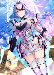  bad_id bad_pixiv_id blue_hair breasts female highres joints kos-mos kos-mos_re: large_breasts leotard long_hair red_eyes risumi_(taka-fallcherryblossom) robot_joints sky solo xenoblade_chronicles_(series) xenoblade_chronicles_2 xenosaga 