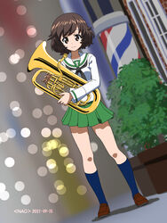  akiyama_yukari artist_name barber_pole blouse blue_leotard blurry bokeh brown_footwear brown_hair closed_mouth commentary dated depth_of_field dutch_angle euphonium female girls_und_panzer green_skirt highres holding holding_instrument instrument leotard loafers long_sleeves looking_at_viewer messy_hair miniskirt naotosi neckerchief ooarai_school_uniform pleated_skirt sailor_collar school_uniform serafuku shirt shoes short_hair skirt smile socks solo standing white_sailor_collar white_shirt 