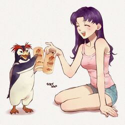  ^_^ arm_support beer_can bird blue_shorts blush breasts can closed_eyes commentary_request denim denim_shorts drink_can earrings female halftone_texture highres holding holding_can jewelry katsuragi_misato long_hair medium_breasts neon_genesis_evangelion open_mouth penguin penpen purple_hair short_shorts shorts simple_background single_earring sitting smile stud_earrings tank_top white_background yebisu yokozuwari yubi_kamii 