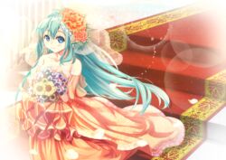  alice_carroll alternate_costume aria_(manga) bananatsukis bare_shoulders blue_eyes blush bouquet closed_mouth collarbone dress earrings female floral_print flower full_body green_hair hair_flower hair_ornament highres holding holding_bouquet jewelry light_smile long_hair looking_at_viewer orange_dress pleated_dress raised_eyebrows smile solo stairs strapless strapless_dress veil 