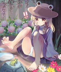  ! !! barefoot blonde_hair blush commentary_request female flower frog hair_ribbon hand_on_own_face hat highres hydrangea long_sleeves medium_hair moriya_suwako panties purple_skirt purple_vest ramudia_(lamyun) red_ribbon ribbon shirt sidelocks skirt skirt_set sleeves_past_wrists solo toes touhou tree turtleneck underwear vest white_panties white_shirt wide_sleeves yellow_eyes 