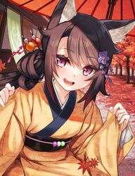  animal_ear_fluff animal_ears brown_hair female hair_ornament hands_up japanese_clothes kimono leaf long_sleeves looking_at_viewer maple_leaf obi oil-paper_umbrella open_mouth orange_kimono original pink_eyes sash short_hair sleeves_past_wrists smile solo teeth tree umbrella upper_body upper_teeth_only zero_(miraichizu) 