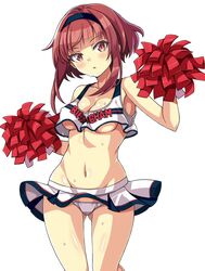  alternate_costume ass_visible_through_thighs azur_lane birmingham_(azur_lane) blue_hairband breasts character_name cheering cheerleader clothes_writing collarbone commentary_request cowboy_shot crop_top crop_top_overhang female hairband highres holding holding_pom_poms looking_at_viewer lowleg lowleg_panties macaroni_hourensou medium_breasts microskirt midriff miniskirt navel no_bra panties pantyshot pleated_skirt pom_pom_(cheerleading) red_eyes red_hair shirt short_hair short_hair_with_long_locks sidelocks simple_background skirt solo sweat underboob underwear white_background white_panties white_shirt white_skirt 