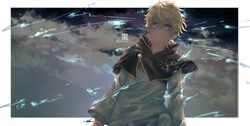  1boy black_bulls_(emblem) black_capelet black_clover blonde_hair blue_eyes border capelet cloud cloudy_sky electricity grey_shirt grin lightning luck_voltia male_focus sanii shirt sky smile solo twitter_username white_border 