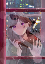  absurdres bad_id bad_pixiv_id black_hoodie blurry bokeh brown_hair city_lights condensation corded_phone crying crying_with_eyes_open depth_of_field female from_outside glass_writing hair_ornament hairclip hanako_(078) highres higuchi_madoka holding holding_phone hood hood_down hoodie idolmaster idolmaster_shiny_colors indoors mole mole_under_eye night phone phone_booth purple_eyes rain short_hair solo swept_bangs tears upper_body 