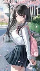  absurdres arms_behind_back backpack bag black_hair branch breasts cherry_blossoms closed_mouth collared_shirt commentary cowboy_shot emyo female floating_hair grey_eyes highres holding holding_branch large_breasts leaf long_hair long_sleeves looking_at_viewer neck_ribbon original outdoors petals pink_bag pleated_skirt ribbon school_uniform shirt shirt_tucked_in skirt solo standing white_shirt wind 