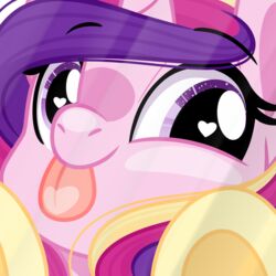  1:1 close-up emberslament equid equine female friendship_is_magic fur hair hasbro heart_eyes heart_symbol hi_res horn licking licking_glass mammal my_little_pony mythological_creature mythological_equine mythology pink_body pink_fur portrait princess_cadance_(mlp) purple_eyes purple_hair solo tongue tongue_out unicorn 