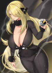  absurdres anima_(togashi) black_nails black_pants black_shirt blonde_hair breasts cleavage closed_mouth curvy cynthia_(pokemon) eyelashes female floating_hair fur-trimmed_sleeves fur_collar fur_trim grey_eyes hair_ornament hair_over_one_eye hand_up highres holding holding_poke_ball large_breasts lips long_hair long_sleeves looking_to_the_side mixed-language_commentary pants poke_ball pokemon pokemon_dppt shirt smoke solo thighs ultra_ball very_long_hair 