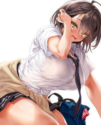  ahoge azur_lane baltimore_(after-school_ace)_(azur_lane) baltimore_(azur_lane) beige_cardigan black_necktie black_skirt blush breasts brown_hair cardigan cardigan_around_waist choker cle_masahiro clothes_around_waist collared_shirt commentary female highres large_breasts looking_at_viewer necktie official_alternate_costume shirt short_hair short_sleeves simple_background skirt smile solo tied_sweater white_shirt yellow_eyes 