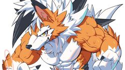  abs anthro bodily_fluids canid canine dusk_lycanroc etezarumonkey generation_7_pokemon kyoto_rex looking_at_viewer lycanroc male mammal muscular muscular_male nintendo pecs pokemon pokemon_(species) solo sweat 