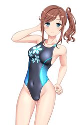  absurdres bad_id bad_pixiv_id black_one-piece_swimsuit blue_eyes breasts brown_hair competition_swimsuit covered_navel female floral_print hair_ornament hair_scrunchie high_school_fleet highleg highleg_swimsuit highres ise_sakura long_hair looking_at_viewer medium_breasts multicolored_clothes multicolored_swimsuit one-piece_swimsuit scrunchie side_ponytail simple_background solo standing swimsuit takafumi variant_set white_background 