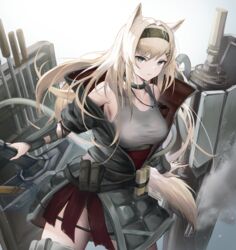  absurdres animal_ears arknights bare_shoulders black_hairband black_jacket blonde_hair blue_eyes breasts cowboy_shot female grey_tank_top hair_ornament hairband hairclip highres horn_(arknights) jacket long_hair looking_at_viewer masai_no_senshi medium_breasts off_shoulder open_clothes open_jacket shield solo tail tank_top thighs wolf_ears wolf_girl wolf_tail 