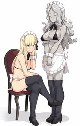  2girls alternate_costume apron bare_shoulders bikini black_bikini black_footwear black_legwear blonde_hair blue_eyes breasts cleavage closed_eyes colored_skin covered_nipples duplicate fate/grand_order fate_(series) frills grey_skin large_breasts long_hair looking_at_viewer lord_el-melloi_ii_case_files maid maid_bikini medium_breasts multiple_girls pixel-perfect_duplicate reines_el-melloi_archisorte shiseki_hirame shoes simple_background sitting smile swimsuit thighhighs trimmau_(fate) unconventional_maid white_apron white_background wrist_cuffs 