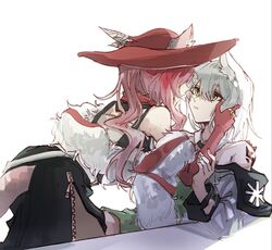  2girls adjusting_another&#039;s_hair animal_ears arknights bare_shoulders bent_over black_dress brown_legwear cat_ears cat_girl cat_tail dress e-fa-dorn ears_through_headwear elbow_gloves eye_contact fur_shawl gloves green_dress green_eyes hair_between_eyes hand_on_another&#039;s_arm hand_on_another&#039;s_face hat_feather heidi_(arknights) jewelry kal&#039;tsit_(arknights) long_sleeves looking_at_another material_growth multiple_girls oripathy_lesion_(arknights) pantyhose pelvic_curtain red_gloves red_headwear ring shawl short_hair simple_background sitting sleeveless sleeveless_dress standing tail unzipped white_background white_hair yuri 