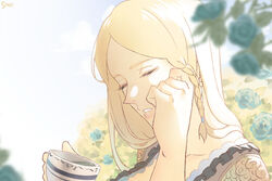  adjusting_hair artist_name black_clover blonde_hair blue_flower blue_rose blue_sky braid charlotte_roselei closed_eyes collarbone cup female flower holding holding_cup long_hair portrait rose sanii side_braid sky solo teacup 