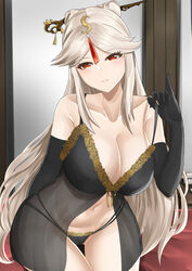  :d absurdres ass_visible_through_thighs black_gloves black_panties blush breasts cleavage collarbone elbow_gloves female genshin_impact gloves hair_ornament hairpin highres indoors lace_trim large_breasts lingerie long_hair looking_at_viewer multiple_straps navel negligee ningguang_(genshin_impact) on_bed open_mouth panties pinky_out red_eyes scroll see-through sidelocks sitting smile solo tian_kazuki underwear white_hair 