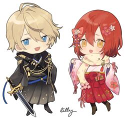  2boys :d blonde_hair blue_eyes chibi floral_print flower full_body hair_between_eyes hair_flower hair_ornament hanasaki_miyabi hanasaki_miyabi_(4th_costume) holding holding_sword holding_weapon holostars japanese_clothes kimono kishido_temma male_focus multiple_boys open_mouth red_hair riri_zuran scarf short_hair signature smile standing sword transparent_background virtual_youtuber weapon yellow_eyes 