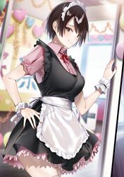  apron black_dress blurry blurry_background brown_eyes brown_hair buttons closed_mouth collared_shirt cowboy_shot dress female hand_on_own_hip hand_up highres indoors kakao_(chocolate_land) looking_at_viewer maid maid_headdress neck_ribbon nikaido_ai novel_illustration official_art pink_shirt red_ribbon ribbon ryoushin_no_shakkin shirt short_hair short_sleeves smile solo standing waist_apron white_apron wrist_cuffs 