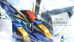  blue_eyes character_name gundam gundam_hathaway&#039;s_flash looking_ahead mecha mobile_suit no_humans robot science_fiction serike_w snowing solo upper_body v-fin wind xi_gundam 