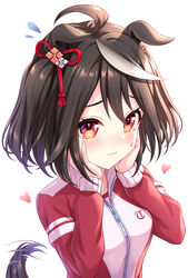  ahoge animal_ears black_hair blush closed_mouth commentary_request female hair_between_eyes hands_on_own_face heart highres horse_ears horse_girl horse_tail jacket kitasan_black_(umamusume) long_sleeves red_eyes short_hair solo speed_lines tail tail_wagging tomo_(tmtm_mf_mf) tracen_training_uniform track_jacket umamusume white_hair 