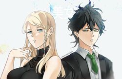  1boy bare_shoulders black_clover black_dress black_hair black_jacket blonde_hair blue_background blue_eyes braid breasts charlotte_roselei dress female formal green_necktie jacket large_breasts long_hair looking_at_viewer necktie sanii shirt short_necktie side_braid suit turtleneck turtleneck_dress twitter_username upper_body watermark web_address white_shirt yellow_eyes yuno_(black_clover) 