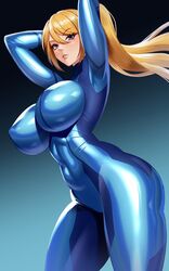  blonde_hair blue_bodysuit blue_eyes bodysuit breasts cowboy_shot female gradient_background gradient_bodysuit highres large_breasts long_hair looking_at_viewer metroid ponytail samus_aran solo thick_thighs thighs volyz 