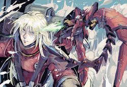  1boy beam_saber blonde_hair blue_eyes commentary dust_cloud energy_sword energy_weapon green_eyes gundam gundam_epyon gundam_wing highres holding holding_sword holding_weapon kare_(0621utak) long_hair male_focus mecha mechanical_wings mobile_suit pilot_suit robot science_fiction sword v-fin weapon wings zechs_merquise 