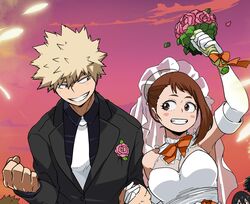  1boy 2girls alternate_costume asui_tsuyu bakugou_katsuki blonde_hair blush_stickers boku_no_hero_academia bouquet breasts bride brown_eyes brown_hair clenched_hand clenched_teeth cloud collared_shirt commentary dress english_commentary eye_contact eyelashes flower formal groom hand_grab highres holding jacket krumbs_(dailykrumbs) looking_at_another multiple_girls necktie outdoors pink_flower shirt sky smile spiked_hair straight suit teeth uraraka_ochako wedding wedding_dress 