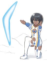  black_hair blue_bodysuit blue_hair body_markings bodysuit boomerang breasts brown_eyes cleavage_cutout clothing_cutout commentary_request dark-skinned_female dark_skin facial_mark fate/grand_order fate_(series) female fishbowl_helmet glowing glowing_hair helmet highres kneeling long_sleeves multicolored_hair navel navel_cutout open_mouth outstretched_arms ranma_(kamenrideroz) short_hair small_breasts solo space_helmet streaked_hair two-tone_bodysuit wandjina_(fate) wandjina_(fate)_(first_ascension)_(fate) white_bodysuit 