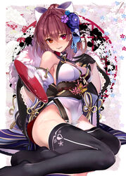  armpit_crease bare_shoulders black_gloves black_thighhighs bow breasts china_dress chinese_clothes cup detached_sleeves dress female flower gloves hair_flower hair_ornament hairbow heterochromia high_ponytail hololive houshou_marine houshou_marine_(new_year) kanzashi large_breasts legs long_hair long_sleeves looking_at_viewer new_year no_panties no_shoes official_alternate_costume orange_eyes parted_lips pelvic_curtain ponytail red_eyes red_hair sakazuki shirokitsune sitting solo thighhighs thighs tsumami_kanzashi virtual_youtuber wakamezake white_dress wide_sleeves yokozuwari 