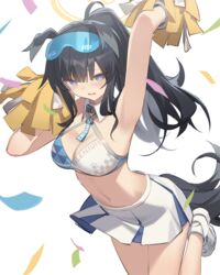  ahoge animal_ears arm_up armpits black_hair blue_archive blue_eyes blush breasts cheerleader cleavage confetti crop_top dog_ears dog_tail female goggles goggles_on_head halo hibiki_(blue_archive) hibiki_(cheer_squad)_(blue_archive) holding holding_pom_poms kildir long_hair looking_at_viewer medium_breasts midriff millennium_cheerleader_outfit_(blue_archive) miniskirt navel official_alternate_costume open_mouth pom_pom_(cheerleading) ponytail shoes simple_background skirt solo stomach tail white_background white_footwear 