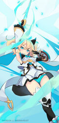  absurdres arm_up armpits blonde_hair blue_eyes blue_panties breasts buckler celtie_(world_flipper) closed_mouth detached_sleeves dress energy_sword female gloves hair_ribbon highres looking_at_viewer panties ragnaveldt ribbon shield short_hair smile solo sword thighhighs twintails underwear weapon wide_sleeves wind wind_lift world_flipper 