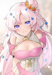  blue_flower braid breasts cleavage female flower hair_bun hair_flower hair_ornament indie_virtual_youtuber kgr long_hair looking_at_viewer lyrica_(vtuber) pink_hair purple_eyes side_braid single_side_bun smile solo virtual_youtuber 