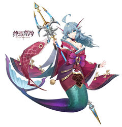  ahoge bell blue_gemstone blue_hair breasts character_request cleavage closed_mouth copyright_name female fingernails fins full_body gem gold_trim green_eyes hand_up head_fins highres holding holding_polearm holding_trident holding_weapon japanese_clothes jingle_bell kimono long_hair long_sleeves looking_at_viewer medium_breasts mermaid monster_girl nail_polish neck_bell official_art polearm red_kimono red_nails scales simple_background smile solo spinel_(9057) tassel trident vow_of_heroes weapon white_background wide_sleeves 