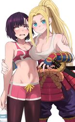  2girls arm_around_shoulder armor asymmetrical_bangs averting_eyes beatrix_amerhauser blonde_hair bottle breast_envy breasts cleavage closed_mouth collarbone fingerless_gloves gloves hand_on_another&#039;s_arm highres holding holding_bottle japanese_armor jourd4n katana kusazuri large_breasts leggings leggings_under_shorts medium_breasts mikazuki_shizuka multiple_girls navel pink_eyes pink_shorts pink_sports_bra ponytail purple_leggings rolling_eyes sheath sheathed shorts smile sports_bra sportswear sword weapon white_background zom_100:_zombie_ni_naru_made_ni_shitai_100_no_koto 