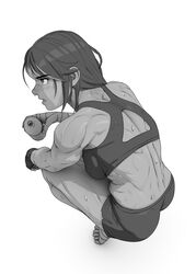  absurdres back barefoot bottle female fingerless_gloves from_behind gloves greyscale highres john_doe_(jdart) median_furrow monochrome muscular muscular_female open_mouth original short_shorts shorts solo sports_bra squatting sweat water_bottle white_background 