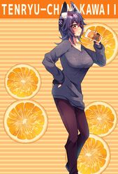  alternate_costume black_footwear breasts brown_pants cup drink drinking_glass english_text eyepatch female fingerless_gloves food fruit fruit_background glass gloves grey_sweater hand_on_own_hip highres juice kantai_collection large_breasts long_sleeves one-eyed orange_(fruit) orange_juice orange_slice pants purple_hair romaji_text shoes sweater tenryuu_(kancolle) yellow_eyes yuudadou 