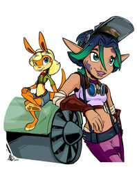  anthro blonde_hair blue_eyes blue_hair breasts clothed clothing digital_media_(artwork) duo eyewear face_shield female fingerless_gloves fur gloves goggles goggles_around_neck green_eyes hair handwear hi_res humanoid humanoid_pointy_ears jackajoke jak_and_daxter keira_(jak_and_daxter) mammal mask midriff mustelid naughty_dog navel oil_stain orange_body orange_fur ottsel pawpads paws simple_background sony_corporation sony_interactive_entertainment technology tess_(jak_and_daxter) white_background 