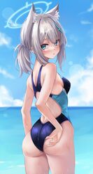  adjusting_clothes adjusting_swimsuit ahoge animal_ear_fluff animal_ears ass bare_arms bare_shoulders blue_archive blue_eyes blue_one-piece_swimsuit blue_sky blurry blush breasts cloud competition_swimsuit cowboy_shot day extra_ears female from_behind grey_hair hair_between_eyes hair_ornament hairclip halo highres long_hair looking_at_viewer looking_back marisasu_(marisa0904) mismatched_pupils multicolored_clothes multicolored_swimsuit official_alternate_costume one-piece_swimsuit open_mouth outdoors parted_lips ponytail shiroko_(blue_archive) shiroko_(swimsuit)_(blue_archive) sidelocks sky solo standing swimsuit thighs water wet wolf_ears 